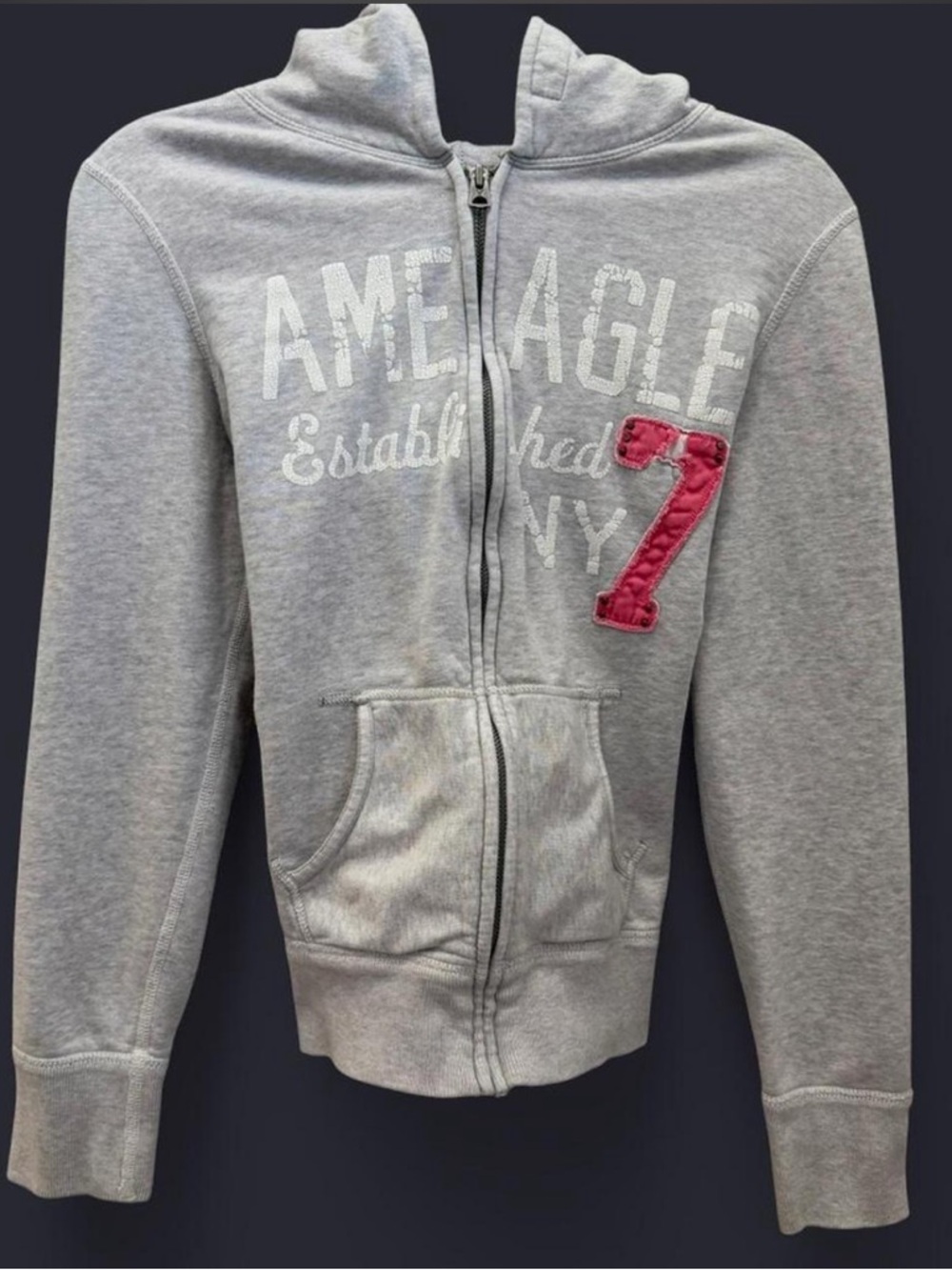 Mallcore Y2K American Eagle Outfitters Gray Zip-Up Hoodie with Pink Embroidery